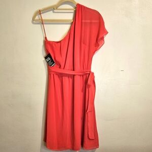 EXPRESS Coral Chiffon Off the Shoulder Lined Mini Dress w/Elastic Waist and Belt